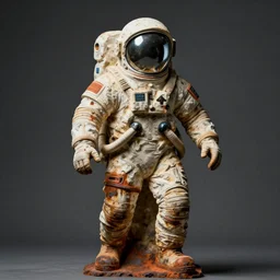 a beautiful sculpture of a cosmonaut in space suit by christophe charbonnel, rust and plaster materials
