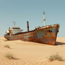 a rusty abandoned cargo ship in a desert oasis, in the style of reylia slaby, karol bak, and brooke shaden