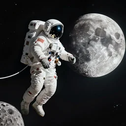 an astronaut from the 60s with a tether floating towards the moon, science fiction industrial hard science concept art, 8K render octane high definition cgsociety