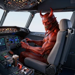 look insight plane cockpit with a hell demon on the pilot seat, high quality, highly detailed, 3 d rendered, rendered with blender