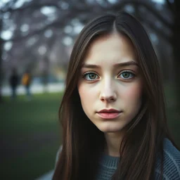 a photograph of a young woman in a park, dof, sharp focus, highly detailed face, symmetric face, realistic iris, cinestill 8 0 0 t, photography by dina litovsky