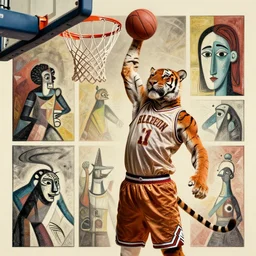 a photorealistic picture of a tiger dunking a basketball in style of Pablo Picasso comic book illustration Trending on Artstation, featured on Behance, well-rendered, fine detail, extra crisp image, Unreal Engine, 4K HD