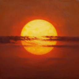dramatic sky , sunset and backlight , giant burning sun , high texture gritty oil panorama painting by frank frazetta