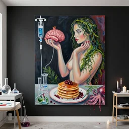 work in progress art studio apartment with black walls, a sensual portrait of a female pathologist holding a brain, intravenous drip, pomegranate, seaweed, organic, sensual, pancakes, berries, octopus, surgical supplies, scientific glassware, candles, berry juice drips, neo - expressionism, surrealism, acrylic and spray paint and oilstick on canvas