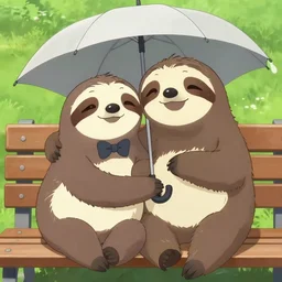anime sloth and slow - loris sitting on a bench arms around each other, sloth wearing bow tie loris holding an umbrella