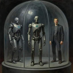 three brutalist robotic seers watchers oracles soothsayers inside a dome, pj crook, grant wood, edward hopper, syd mead, chiaroscuro, oil on canvas