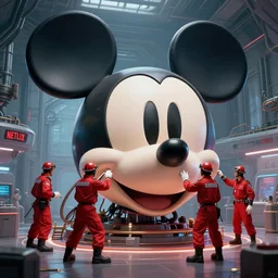 a group of red pilots surgically repair a giant [ mickey mouse head ]!!! in a'netflix'airplane hangar!!, in the style of beeple!!! cyberpunk art by kuno veeber, cgsociety, retrofuturism, dystopian art, reimagined by industrial light and magic, # vfxfriday,