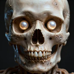 very detailed portrait of skull with pearl sphere glowing eyes + melting face skin + 4 k hyper details render + fractal mundelbulb intricate design + dramatic lighting + cinematography photography