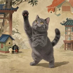 A Scottish Shorthair gray cat standing up, by studio ghibli painting, by Joaquin Sorolla rhads Leyendecker, An aesthetically pleasing, dynamic, energetic, lively, well-designed digital art, by Ohara Koson and Thomas Kinkade, traditional Japanese colors, superior quality, masterpiece
