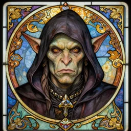 head-on symmetrical centered painted portrait, male goblin orc rogue rogue, art nouveau, tarot card style, stained glass, fantasy, intricate, elegant, highly detailed, smooth, sharp focus, illustration, artstation, in the style of Artgerm and Anna Podedworna and Alex Ross and Mucha