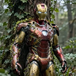 abandoned iron man suit covered in vines, 4k realistic photo