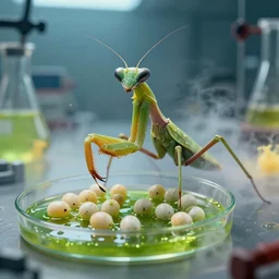 a highly detailed mantis - like alien abomination laying multiple eggs towards the camera, near a petri dish, in a biotech lab, from love death and robots ( 2 0 1 9 ). sticky liquids, greenish fluids, yellowish steam. coherent portrait, intricate, elegant, suspense environment, digital photo, trending on artstation, hdr photo, smooth, sharp focus