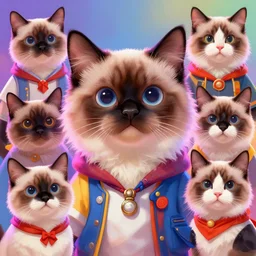 graphic, hyperreal, portraiture illustration of a anthropomorphic cute big - eye ragdoll cat in different cosplay clothes, colorful lighting, digital painting, - n 1 0