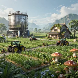 fully detailed landscape of a cyberpunk farm , watertank, futuristic tractors, farmhouse, mushroom, overgrowth,  Ai , in the future, high quality, 8k , octane render