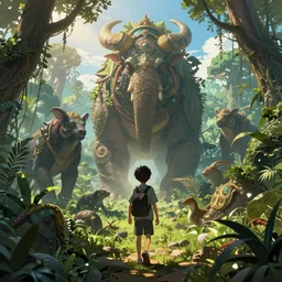 a boy chased by large biomes, a fantasy megafauna jungle, intricate details, style by wlop, photorealistic, concept art, cinematic lighting, anime color palette, artstation, cgsociety, ultra detail