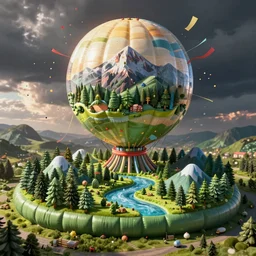 inflatable landscape with forest, river and mountains in the middle of the frame colossal balloon surrounded by colorful ribbons and party confetti , concept art, huge scale, high detail, sci fi by James Jean