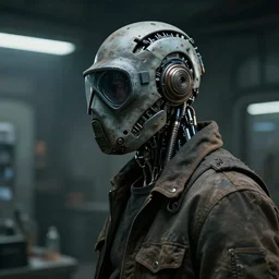 a half - masked rugged laboratory engineer man with cybernetic enhancements as seen from a distance, scifi character portrait by greg rutkowski, esuthio, craig mullins, mechanical, 1 / 4 headshot, cinematic lighting, dystopian scifi gear, gloomy, profile picture, cyborg, half robot, implants, dieselpunk