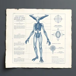 blue paper, full page schematic of mid - century 1 9 0 0 s detailed concept art of humanoid alien, baroque style illustration, precise lineart symmetry