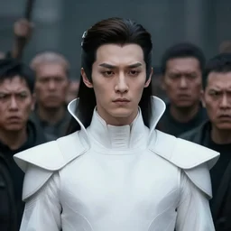 portrait of a regal prince in futuristic white clothes, high collar, sharp cheekbones, wistful expression, surrounded by a crowd of angry people, matte painting, digital art