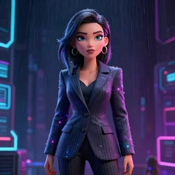 stylish woman cartoon portrait made out of rain galaxies, pinstripe suit, cyberpunk background, octane render, unreal engine, highly detailed, trending on artstation, realistic, neon, beautiful