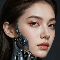 close - up portrait of beautiful young woman, half face human, alf face cybernetic.