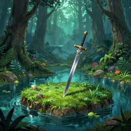 sword stuck in a pond island, rainy enchanted forest of the ancients, moody high exposure, vibrant deep saturated colors, digital painting, concept art, highly detailed, visual novel