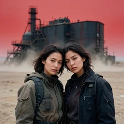 photographic portrait shot on cinestill 5 0 d of two loving clones, techwear women on a desolate plain with a red sky, diverse, in front of a brutalist dark metal facility, dust storm, 3 5 mm, 8 k, depth of field, high resolution, ultra realistic faces