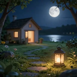a cute looks across at night, lantern light besides, photorealistic, dreamy moonlit nightscape by the garden, lake house, smooth, matte colors, trending on artstation, 4 k, 8 k