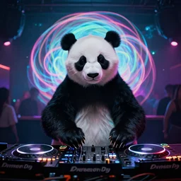 a trippy panda bear DJing a club in Berlin, lsd visuals, techno night club