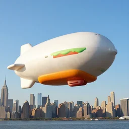 a blimp in the shape of a burger flying over new york city