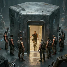 miners wait to enter a big cube with one door. storyboard, scifi cyberpunk. by gabriel hardman, joe alves, chris bonura. cinematic atmosphere, detailed and intricate, perfect anatomy