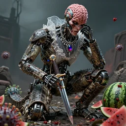by artgerm and agostino arrivabene, visually stunning, cinematic, ultra realistic, hyper realism, 1 2 k, epic, octane render, unreal engine, vfx, maya, robot with no brains, ghostly bride necklace, bloodstone dagger, alligator skin, zombie apocalypse, rogue robot, call the prime land from the yeast, virus - laden watermelon