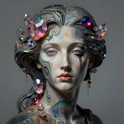 epic surreal 3 d portrait of abstract beautiful female face silhouette mixing with liquid acrylic marblic paint and glowing amethys quartz mineral crystals, art deco swirls. masterpiece by michelangelo. concept art, matte painting. greg rutkowski, wlop, victo ngai, kandinski