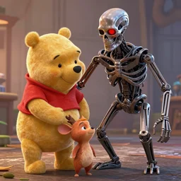 terminator 2 still, terminator as winnie the pooh with red eye, saving pigglet as john connor, cartoon pixar, high detail, disney