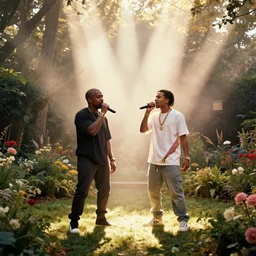 a photo of kanye west and kid cudi singing in the middle of a garden, dramatic, ektachrome, vintage, wide angle, warm color palette, light mode, 2. 5 - dimensional, 1 6 k, ultra - hd, megapixel, cga, rays of shimmering light, mist, screen space reflections
