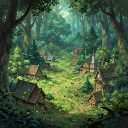 an elven village deep in a lush magical forest, anime, a fantasy digital painting by Greg Rutkowski and James Gurney, trending on Artstation, highly detailed