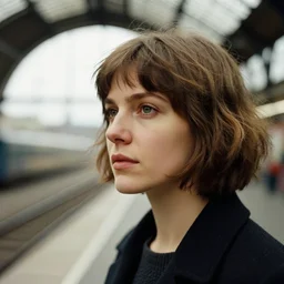portrait by eugen von blaas! woman!! short brown hair!! fuzzy hair! looking away!! train station in the background!!!