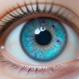 macro close-up of a beautiful (deeply saturated turquoise color) iris of the eye, with purple cybernetic implants, glassy, alert, crisp, detailed, 8K, 4K
