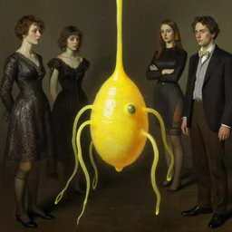 human amoeba by norman rockwell and greg rutkowski and gil elvgren and magali villeneuve and gerald brom, chiaroscuro!!, opaque yellow liquid, floating, tendrils, ooze, hyperrealism, surrealism