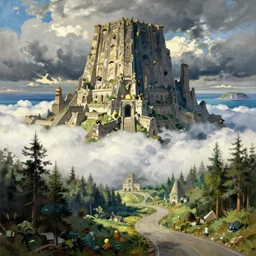 painting by sargent and leyendecker and greg hildebrandt savrasov levitan polenov, studio ghibly style mononoke, huge old ruins, middle earth above the layered low clouds road between forests trees sea bay view faroe azores overcast storm masterpiece