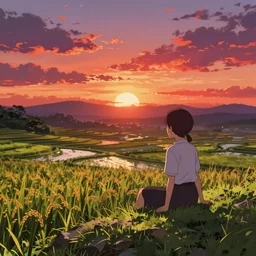 reimu sitting on a hill off to the side overlooking rice paddies during sunset cinematic, deep vibrant colors, anime illustration, anime screenshot composite background, visual novel, dating sim