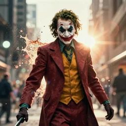 the joker in gears of war, splash art, warzone, dystopian, movie still, cinematic lighting, dramatic, octane render, long lens, shallow depth of field, bokeh, anamorphic lens flare, 8 k, hyper detailed, 3 5 mm film grain