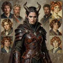 masterpiece portrait of a surly and resentful female tiefling thief with horns clothed in ragged leather armor and a cloak, by Greg Rutkowski and John Collier and Krenz Cushart and Artem Demura and Alphonse Mucha and Albert Aublet, as seen on ArtStation, 4k, dungeons and dragons, very aesthetic, very detailed, intricate, unreal, fantasy, dramatic, painterly, artstation, sharp focus, smooth