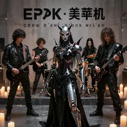 cyberpunk black metal band, guitarists, bassist, drummer, vocalist, all black cyberpunk clothes, robotic prosthetic limbs, dermal implants, cyborg satan, futuristic, realistic, promo photograph, epk, in a room full of candles, high quality, highly detailed, sharp focus