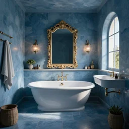 exotic blue bathroom, cinematic, cinematic lighting
