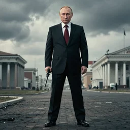 Putin with a gun, full body portrait, cinematic