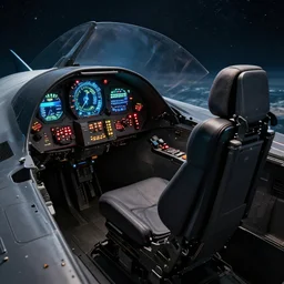 a single seat starfighter jet cockpit interior with glowing panels and buttons