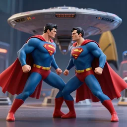 superman fighting the spaceship uss enterprise from star trek, soft texture, very realistic 3 d render, soft lights, 4 k, high detailed photography red, 5 0 mm lens, rich colors, smooth gradients, depth of field, cinematic, hyper realism, high detail, octane render, unreal engine, 8 k, vibrant colors