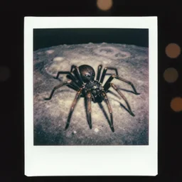 a eerie haunting alien spider creature on the moon surface, polaroid, vintage photo, grainy, damaged, faded, very detailed realistic, 5 0 mm, dslr, hd, 8 k, hasselblad film bokeh, soft light photographed on expired color film