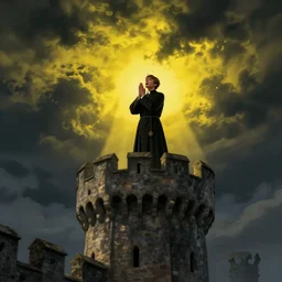 A terrified catholic priest in his twenties at the top of a medieval tower watches as an ominous yellow shadow descends upon him from the night sky. He is seen from above fervently praying. Dramatic lighting. Award-winning digital art, trending on ArtStation